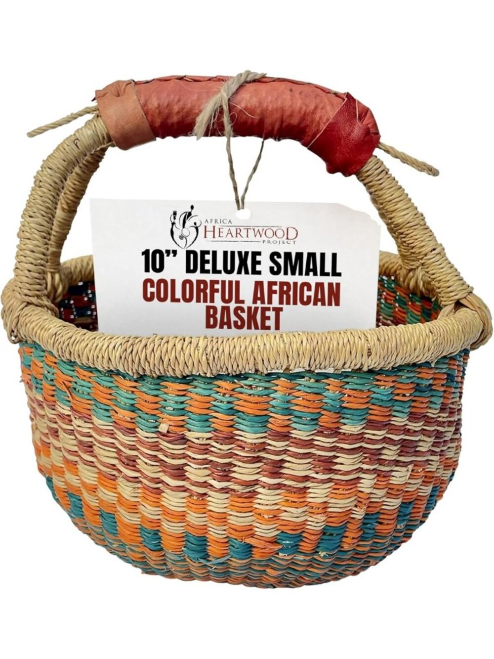 Handmade Colorful African Basket with Leather Handles - 10" Round, Eco-Friendly